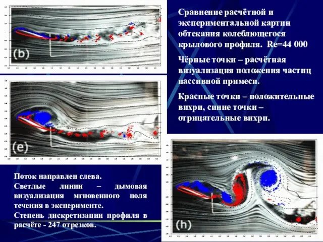 Сравнение расчётной и экспериментальной картин обтекания колеблющегося крылового профиля. Re=44 000 Чёрные