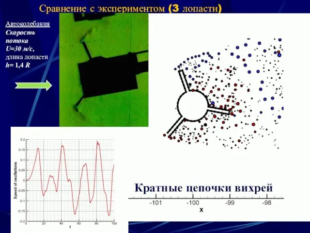 Сравнение с экспериментом (3 лопасти) Кратные цепочки вихрей Автоколебания Скорость потока U=30