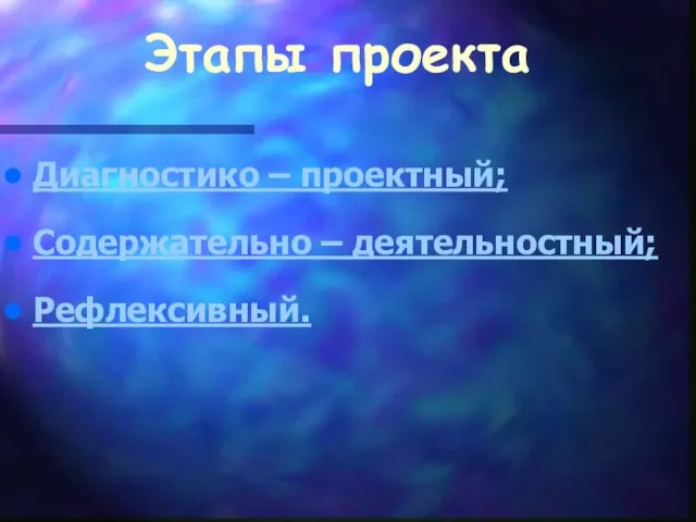 Этапы проекта Диагностико – проектный; Содержательно – деятельностный; Рефлексивный.