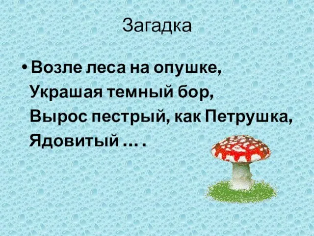 Загадка Возле леса на опушке, Украшая темный бор, Вырос пестрый, как Петрушка, Ядовитый … .