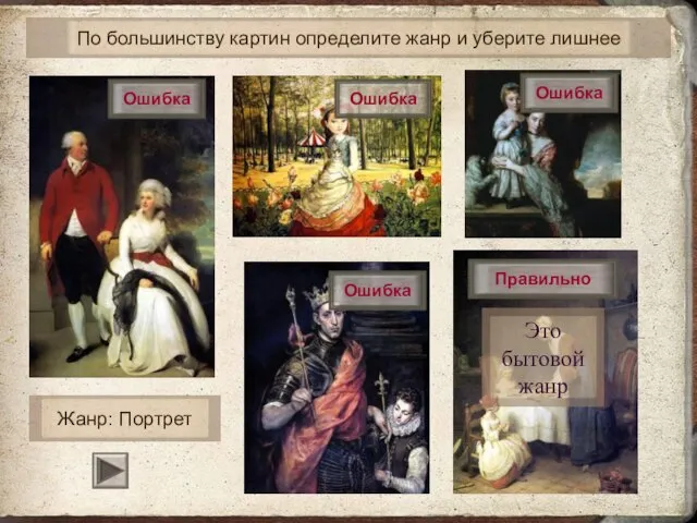 По большинству картин определите жанр и уберите лишнее Жанр: Портрет Ошибка Ошибка