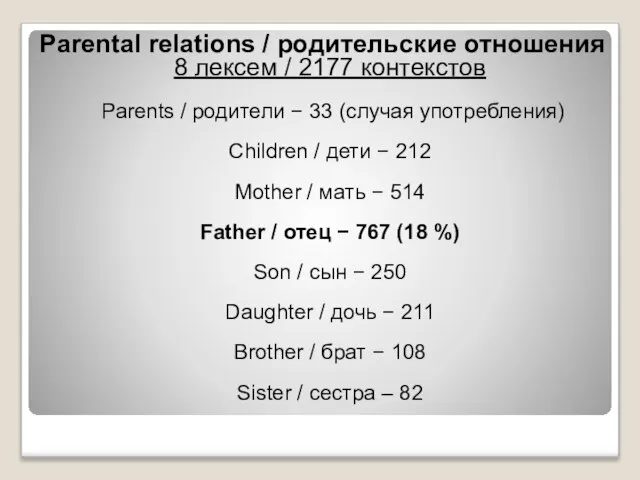 Parental relations / родительские отношения 8 лексем / 2177 контекстов Parents /