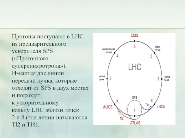 Протоны поступают в LHC из предварительного ускорителя SPS («Протонного суперсинхротрона»). Имеются две