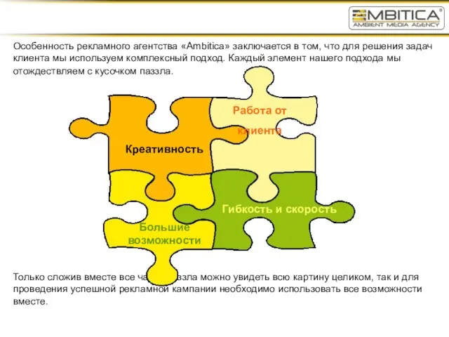 Особенность рекламного агентства «Ambitica» заключается в том, что для решения задач клиента