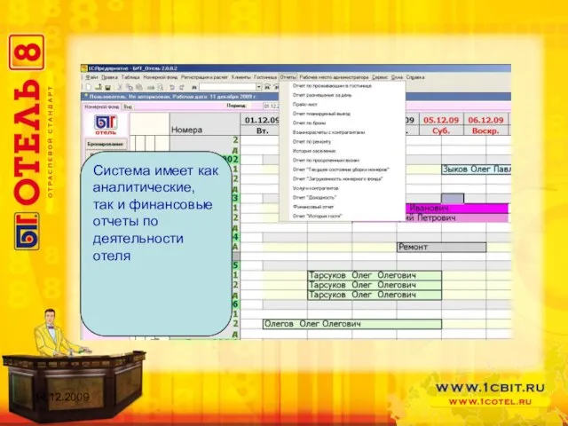 Система имеет как аналитические, так и финансовые отчеты по деятельности отеля 14.12.2009
