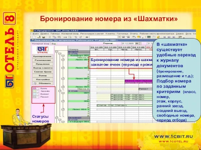 Статусы номеров Бронирование номера из шахматки захватом ячеек (периода проживания) Бронирование номера