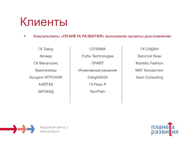 Клиенты Консультанты «ПЛАНЕТА РАЗВИТИЯ» выполнили проекты для компаний: