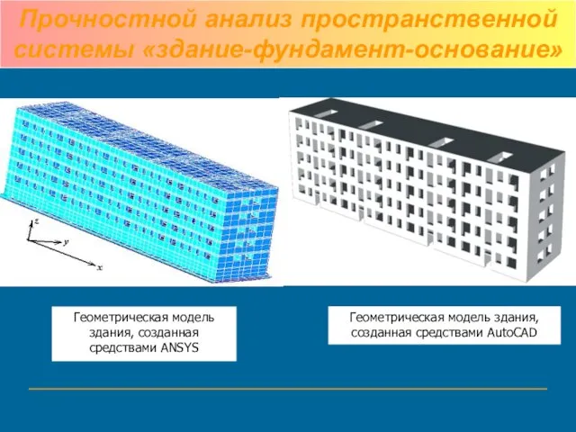 Геометрическая модель здания, созданная средствами AutoCAD Геометрическая модель здания, созданная средствами ANSYS