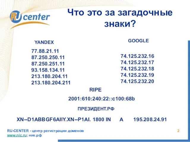 RU-CENTER - центр регистрации доменов www.nic.ru; ник.рф Что это за загадочные знаки?