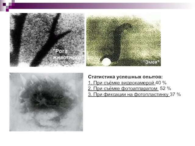 Статистика успешных опытов: 1. При съёмке видеокамерой 40 % 2. При съёмке