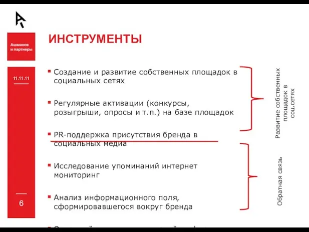 ИНСТРУМЕНТЫ 11.11.11 Создание и развитие собственных площадок в социальных сетях Регулярные активации