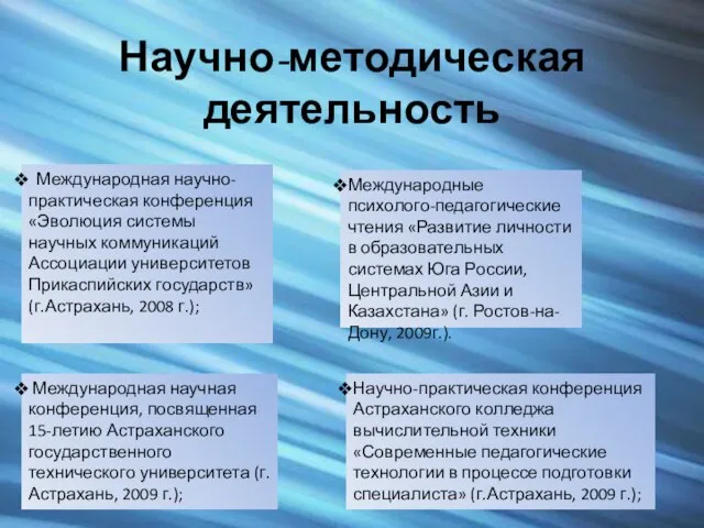 Научно-методическая деятельность Международная научно-практическая конференция «Эволюция системы научных коммуникаций Ассоциации университетов Прикаспийских