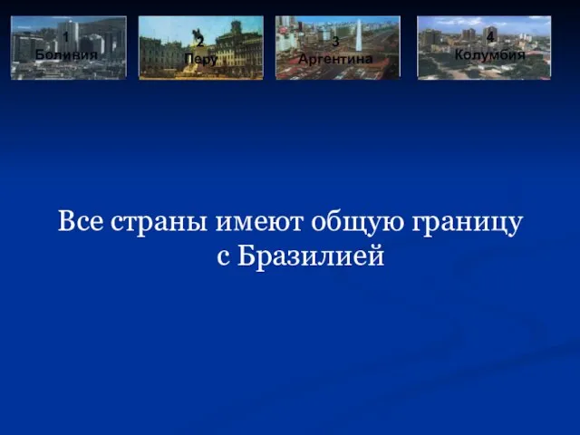 Все страны имеют общую границу с Бразилией 1 Боливия 2 Перу 3