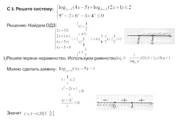 С 3. Решите систему: Решение: Найдем ОДЗ: Решим первое неравенство. Используем равенство: Можно сделать замену: Значит