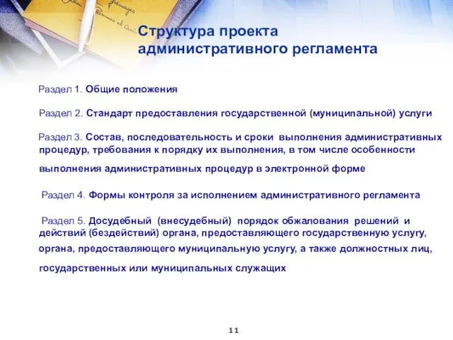 Структура проекта административного регламента Раздел 1. Общие положения Раздел 2. Стандарт предоставления