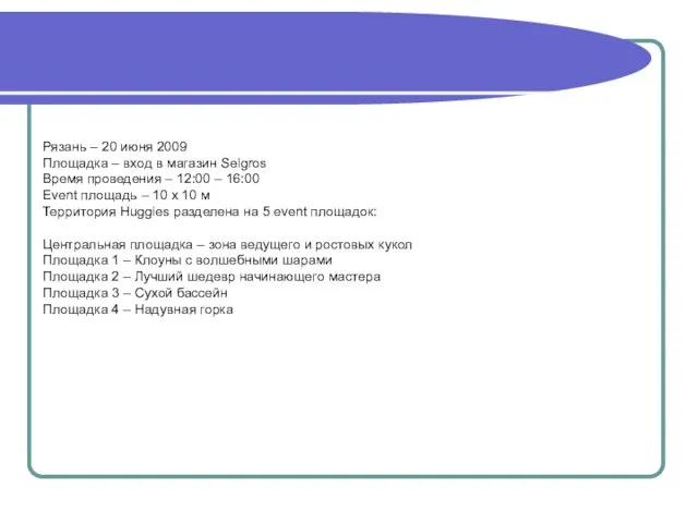 Рязань – 20 июня 2009 Площадка – вход в магазин Selgros Время