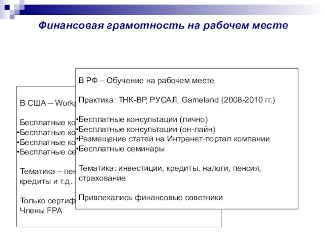 Финансовая грамотность на рабочем месте В США – Workplace education Бесплатные консультации