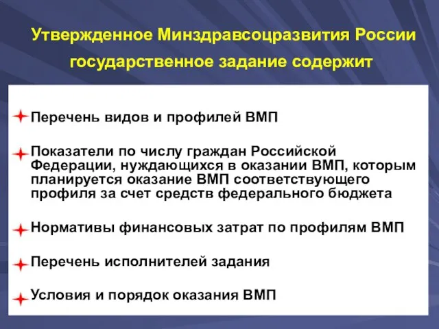 Утвержденное Минздравсоцразвития России государственное задание содержит Перечень видов и профилей ВМП Показатели