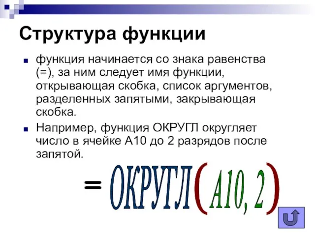 Структура функции функция начинается со знака равенства (=), за ним следует имя