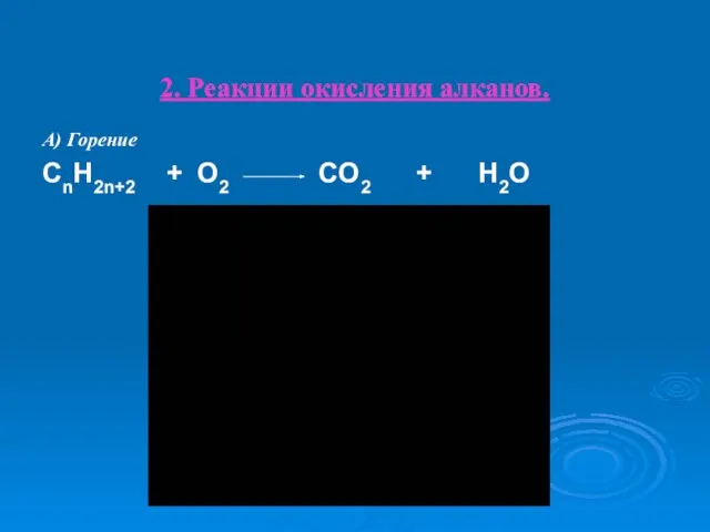 2. Реакции окисления алканов. А) Горение CnH2n+2 + O2 CO2 + H2O