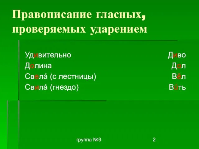 группа №3 Правописание гласных, проверяемых ударением