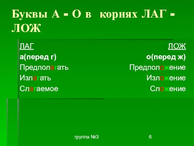 группа №3 Буквы А - О в корнях ЛАГ - ЛОЖ