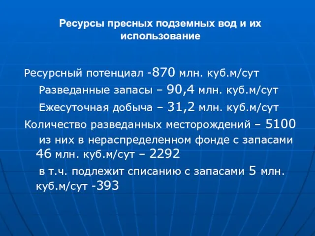 Ресурсы пресных подземных вод и их использование Ресурсный потенциал -870 млн. куб.м/сут