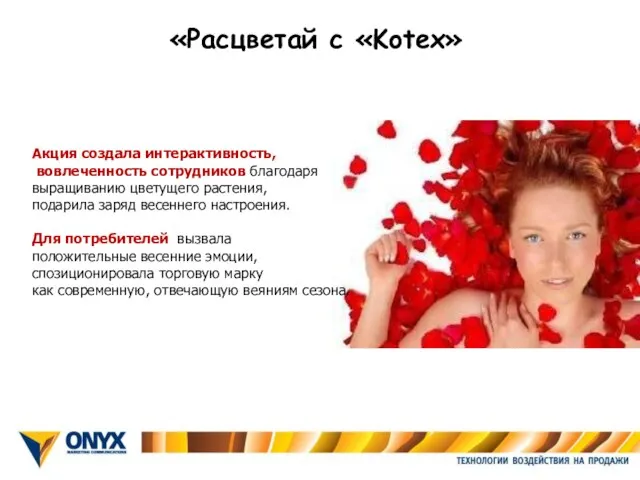 «Расцветай с «Kotex» Акция создала интерактивность, вовлеченность сотрудников благодаря выращиванию цветущего растения,