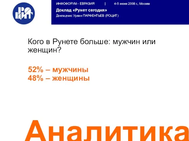 Аналитика Кого в Рунете больше: мужчин или женщин? 52% – мужчины 48% – женщины