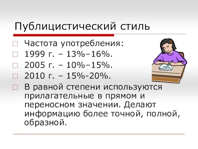 Публицистический стиль Частота употребления: 1999 г. – 13%–16%. 2005 г. – 10%–15%.