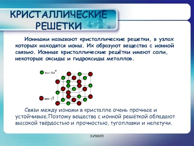 КРИСТАЛЛИЧЕСКИЕ РЕШЕТКИ ХИМИЯ