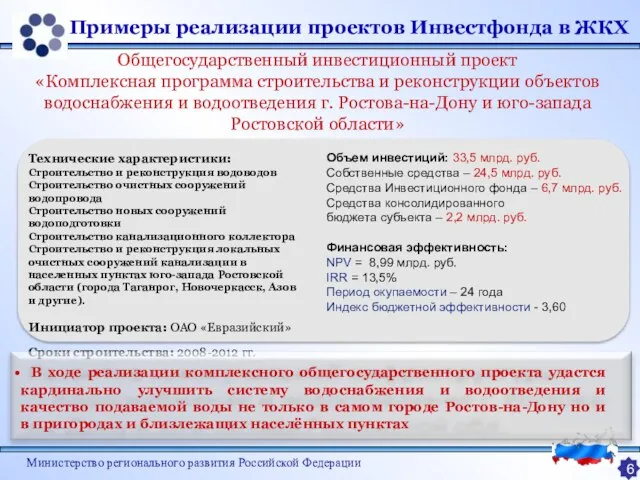 Министерство регионального развития Российской Федерации Примеры реализации проектов Инвестфонда в ЖКХ Общегосударственный