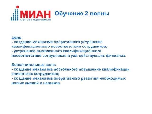 Обучение 2 волны Цель: - создание механизма оперативного устранение квалификационного несоответствия сотрудников;