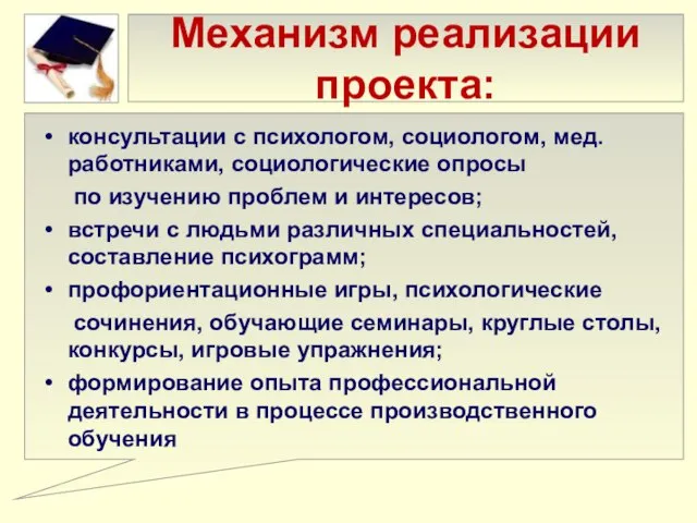 Механизм реализации проекта: консультации с психологом, социологом, мед. работниками, социологические опросы по