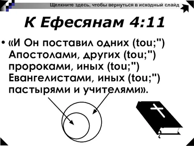 «И Он поставил одних (tou;") Апостолами, других (tou;") пророками, иных (tou;") Евангелистами,