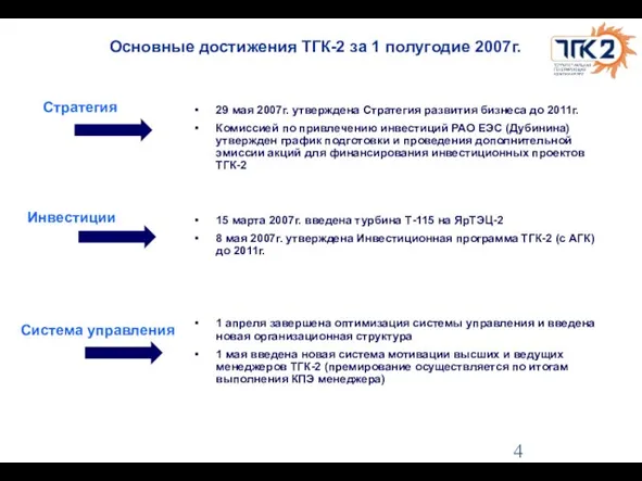 Основные достижения ТГК-2 за 1 полугодие 2007г. 29 мая 2007г. утверждена Стратегия
