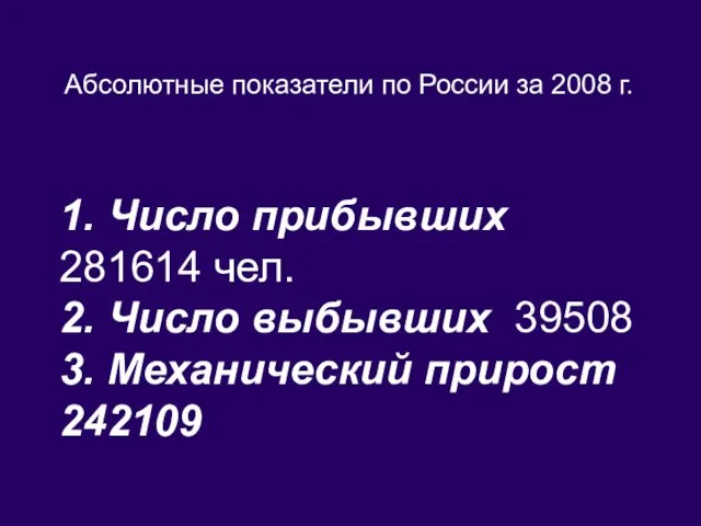 Абсолютные показатели по России за 2008 г. 1. Число прибывших 281614 чел.