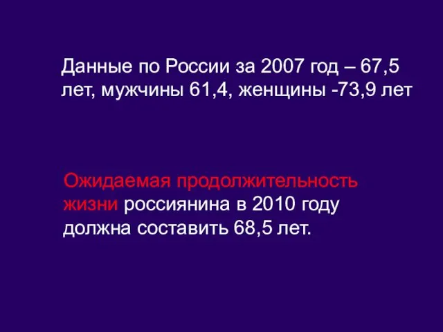 Данные по России за 2007 год – 67,5 лет, мужчины 61,4, женщины