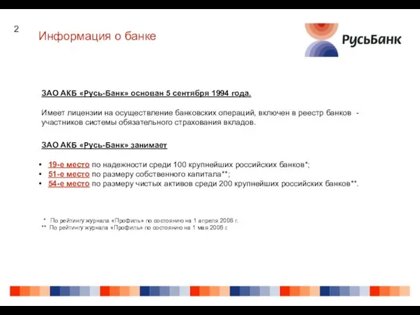 Информация о банке ЗАО АКБ «Русь-Банк» основан 5 сентября 1994 года. Имеет