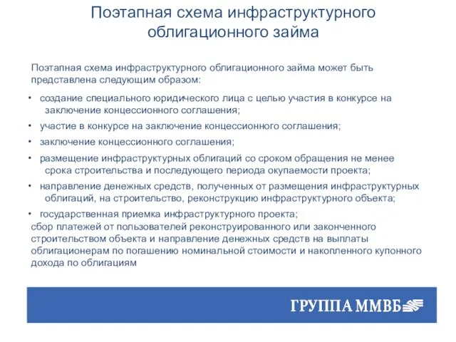 Поэтапная схема инфраструктурного облигационного займа может быть представлена следующим образом: создание специального