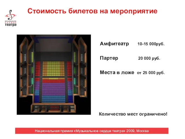 Стоимость билетов на мероприятие Амфитеатр 10-15 000руб. Партер 20 000 руб. Места