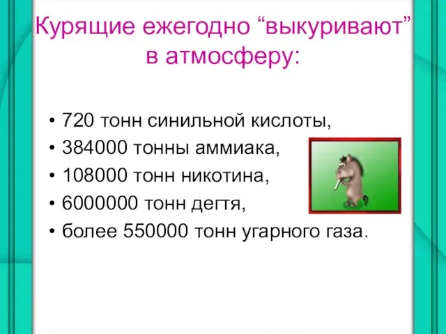 Курящие ежегодно “выкуривают” в атмосферу: 720 тонн синильной кислоты, 384000 тонны аммиака,