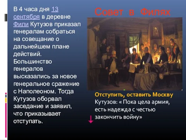 Совет в Филях Отступить, оставить Москву Кутузов: « Пока цела армия, есть