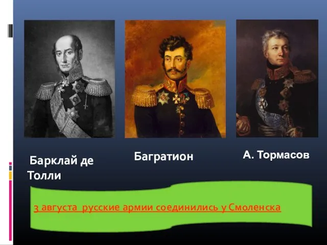 Барклай де Толли Багратион А. Тормасов 3 августа русские армии соединились у Смоленска