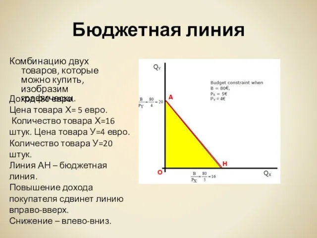 Бюджетная линия Комбинацию двух товаров, которые можно купить, изобразим графически. Доход=80 евро.