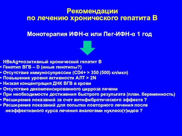 Монотерапия ИФН-α или Пег-ИФН-α 1 год HBeAg+позитивный хронический гепатит В Генотип ВГВ