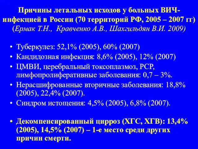 Причины летальных исходов у больных ВИЧ-инфекцией в России (70 территорий РФ, 2005