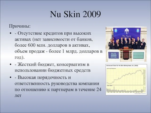 Nu Skin 2009 Причины: - Отсутствие кредитов при высоких активах (нет зависимости