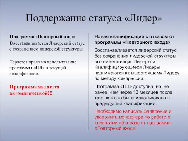 Программа «Повторный вход» Восстанавливается Лидерский статус с сохранением лидерской структуры. Теряется право