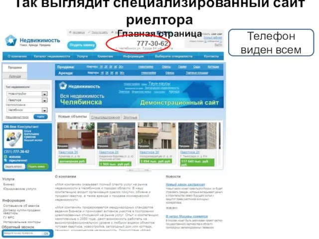 Так выглядит специализированный сайт риелтора Главная страница Телефон виден всем
